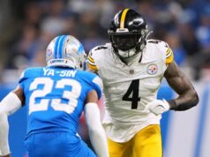 O recebedor do Steelers, DK Metcalf, ataca o torcedor do Lions inclinado sobre a grade na primeira fila
