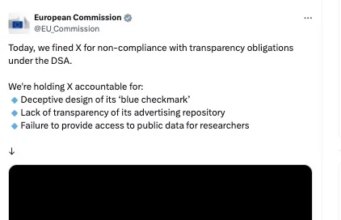 X afirma ter banido a conta de anúncios da Comissão Europeia. Diz que não estava usando anúncios